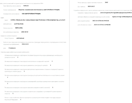 Выписка из реестра лицензий Министерства
культуры России